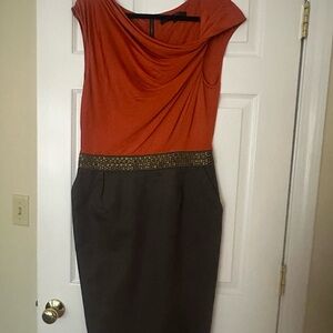 RACHEL Rachel Roy Two-Tone One-Shoulder Sheath Dress in Rust Orange and Charcoal